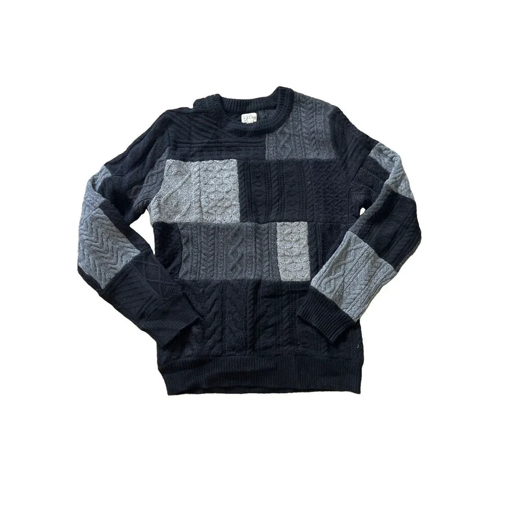 J. CREW Men's Patchwork Cable-Knit Sweater Black Gray  Wool-Cashmere Size Small